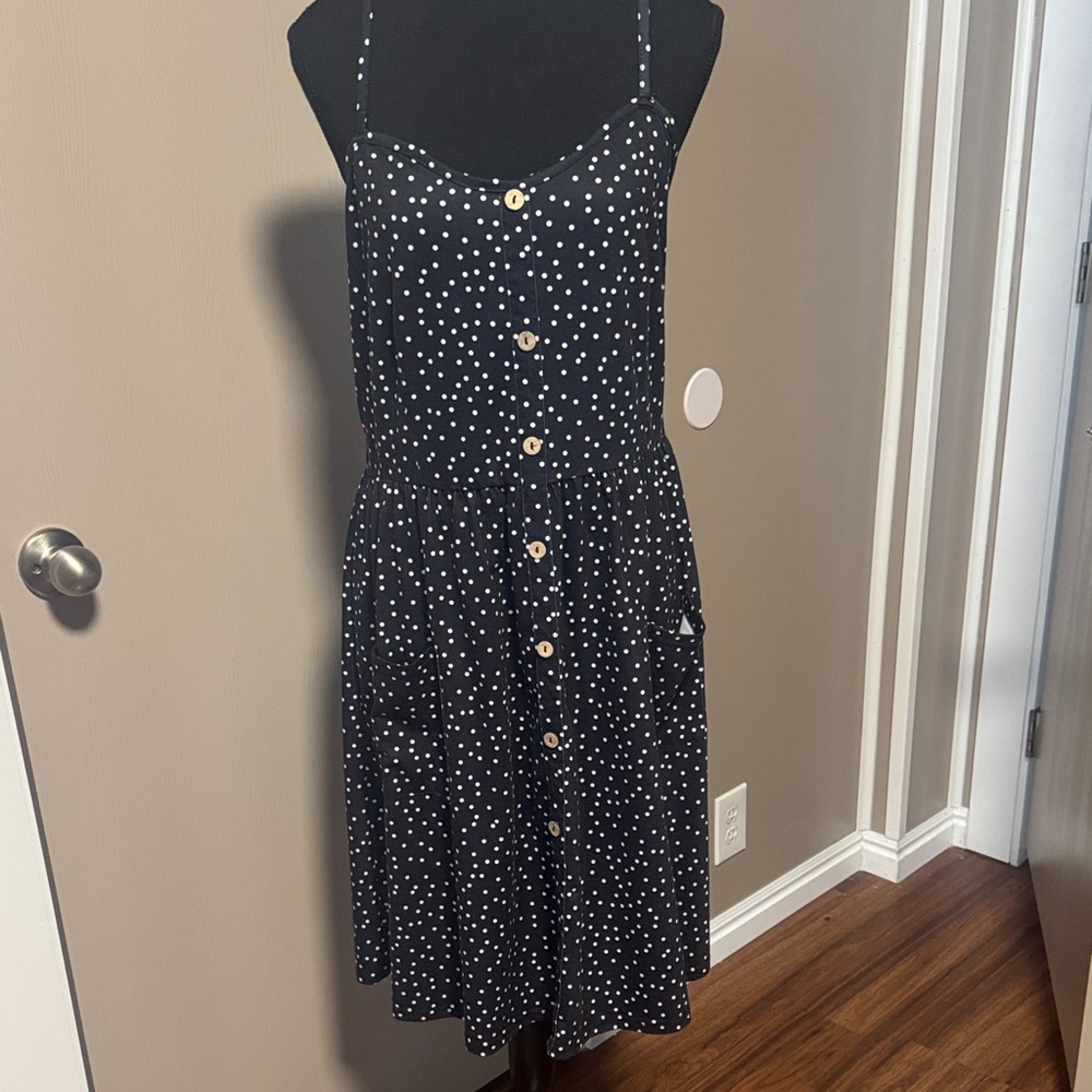 Black Polka Dot Button-Front Midi Dress with Spaghetti Straps